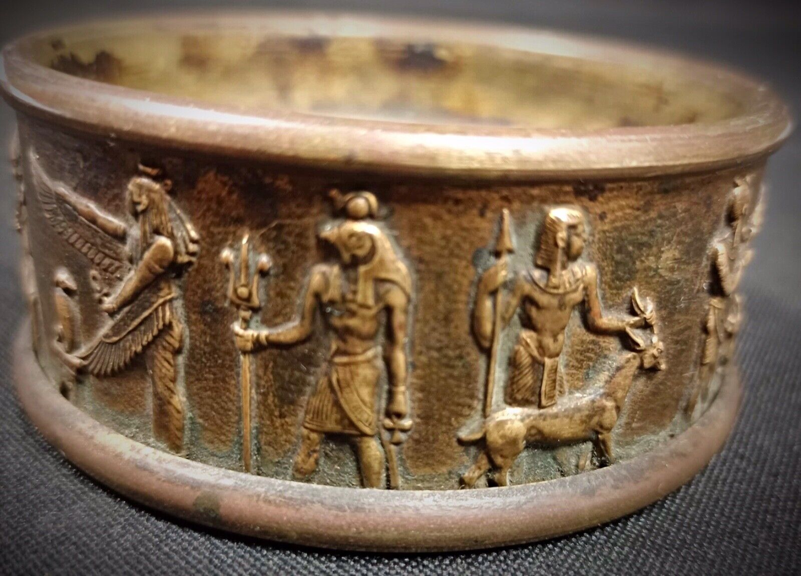 20th-century brass ashtray with ancient Egyptian art.
