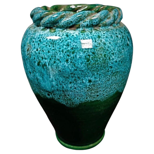 Vintage enameled ceramic vase with twisted rim

