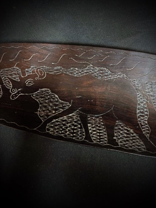 Vintage tray with rhinoceros and savanna scene

