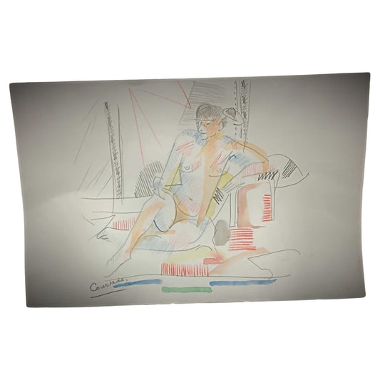Jacques Courtade vintage watercolor drawing of nude woman, seen full view

