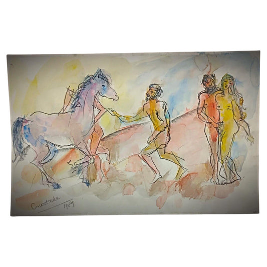 Vintage 1989 watercolor drawing by Jacques Courtade titled "Nude, Horse"


