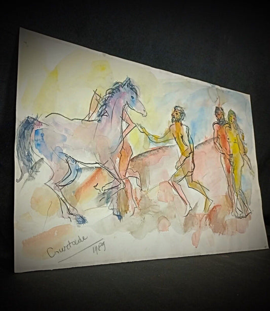 Close-up of the nude figure in Jacques Courtade's "Nude, Horse" drawing

