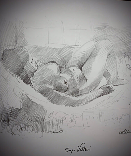 Close-up of reclining nude lithograph by Sujio Velleuni
