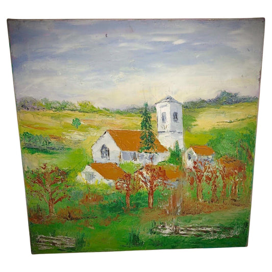 Charming oil painting of a village church on canvas

