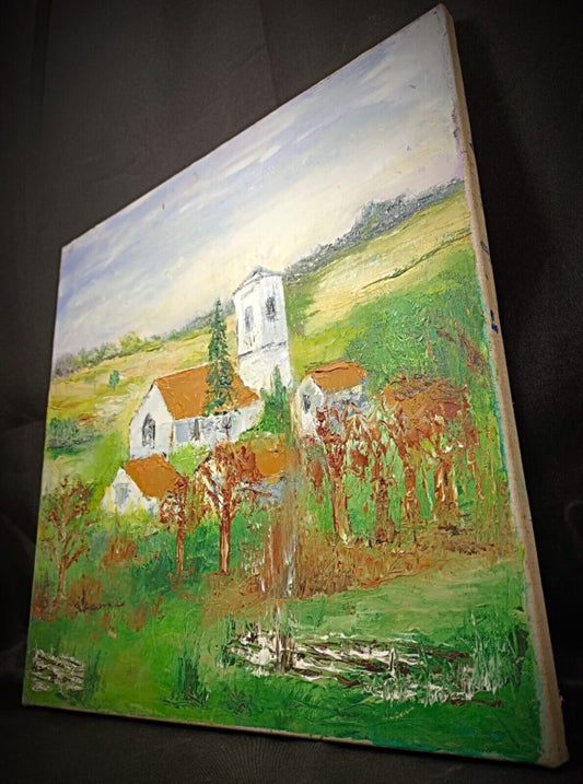 Close-up of the village church scene in oil painting

