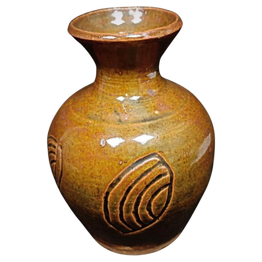 Handcrafted terracotta vase with rich enamel finish, signed P.M.E, full view
