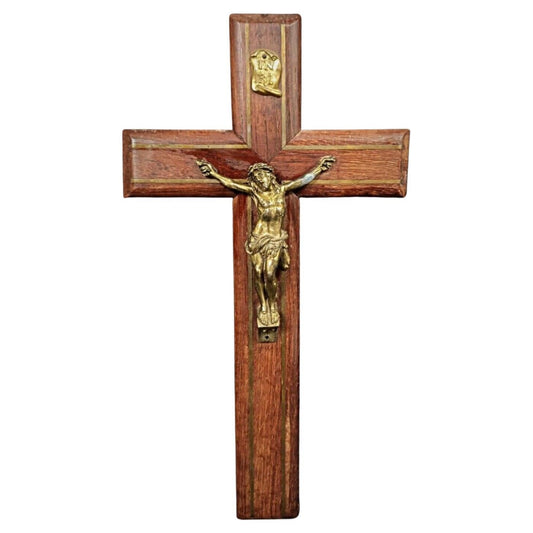 Vintage wooden crucifix with spelter Christ figure full view