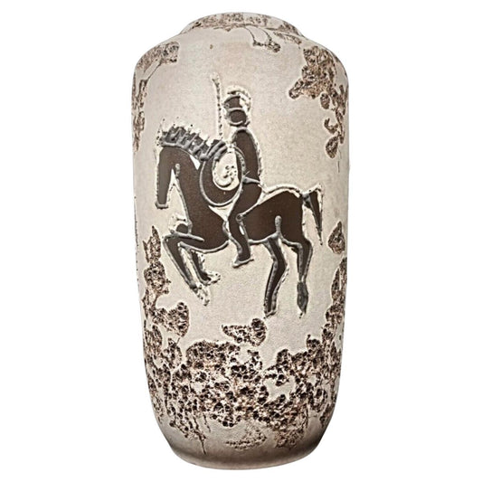 Full frontal view of the vintage West German Keramik vase showing the complete knight decoration.

