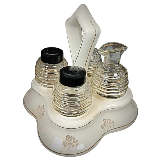 Vintage glass and faience condiment set complete view

