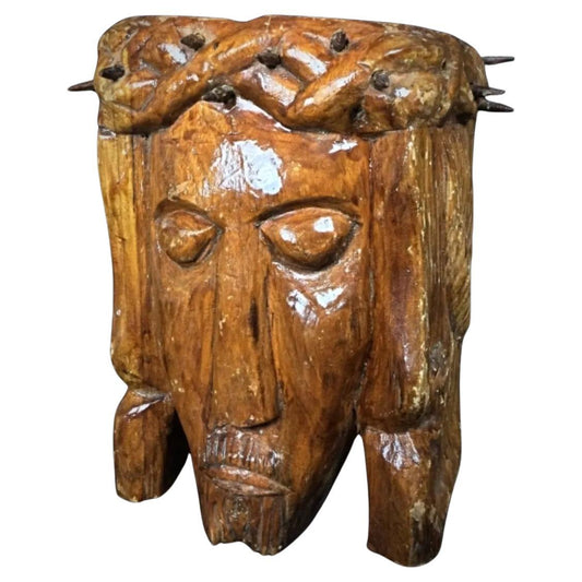 Antique carved wooden Christ face with crown of thorns

