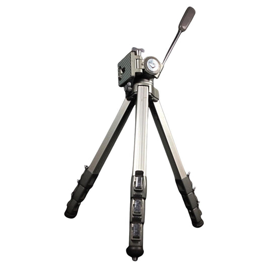 Full side view of the extended vintage Velbon telescopic tripod.


