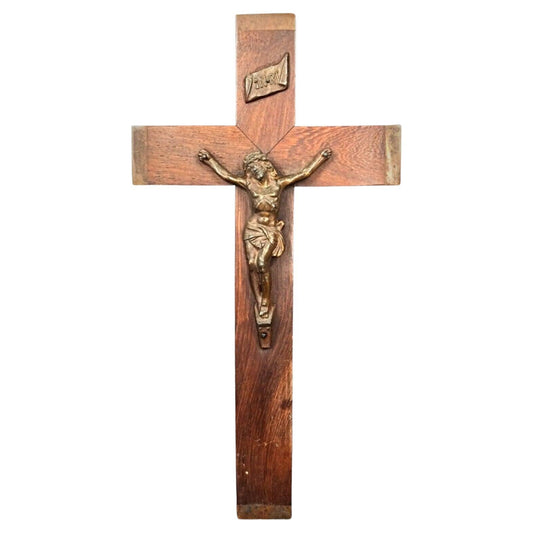 Front view of the antique wood and regule wall crucifix

