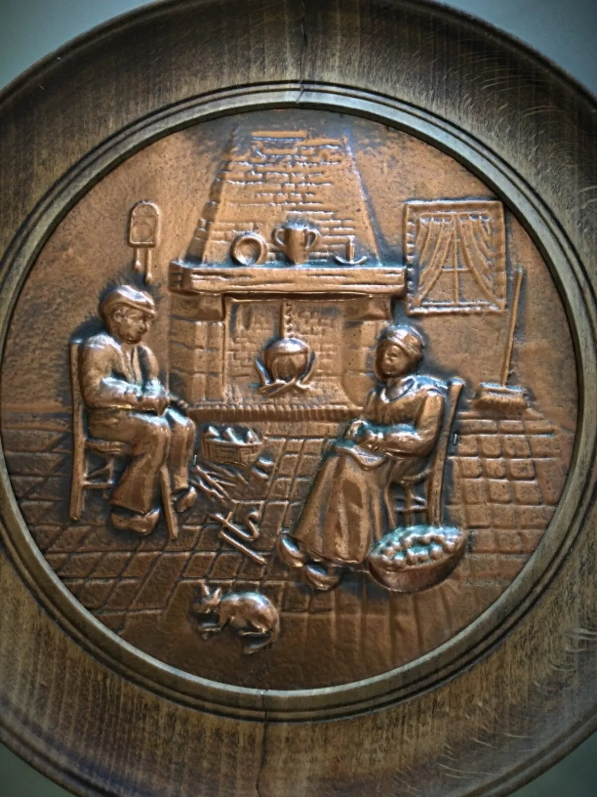 View of the small crack at bottom edge of wood as shown in photos on this authentic vintage Sénécal wall art piece