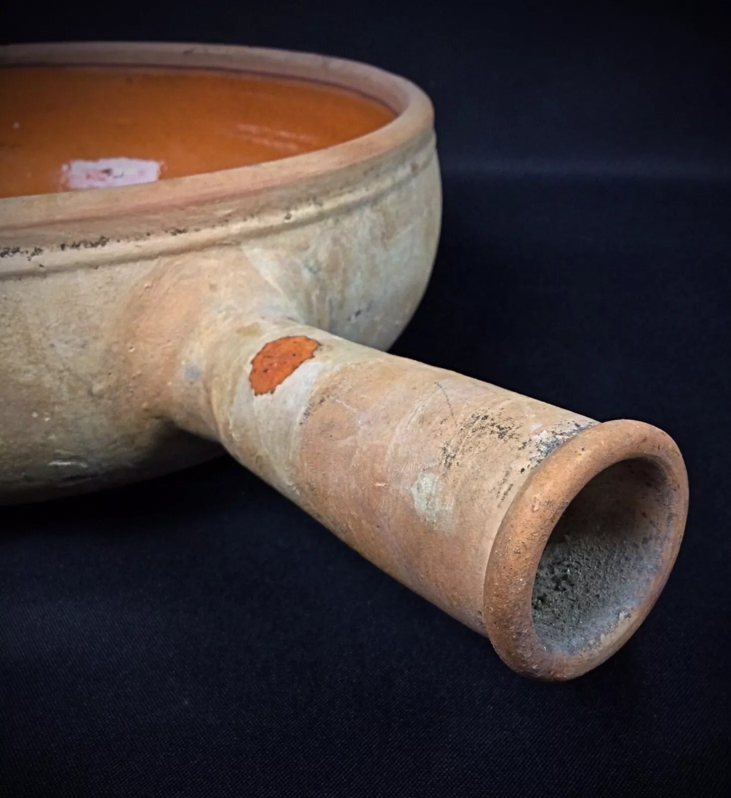 Vintage La Bourguignonne pan in fair condition with several minor chips and stains that add authentic character