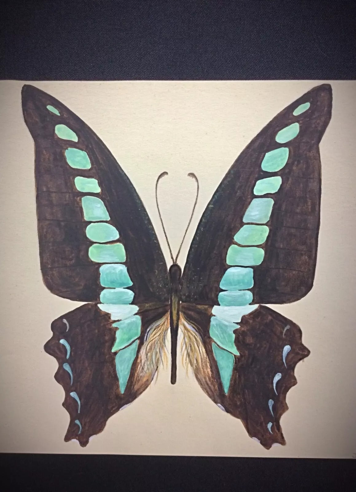 1985 watercolor painting of a brown and blue butterfly by artist J. René Rommel, signed, measuring 8.27 x 11.82 inches