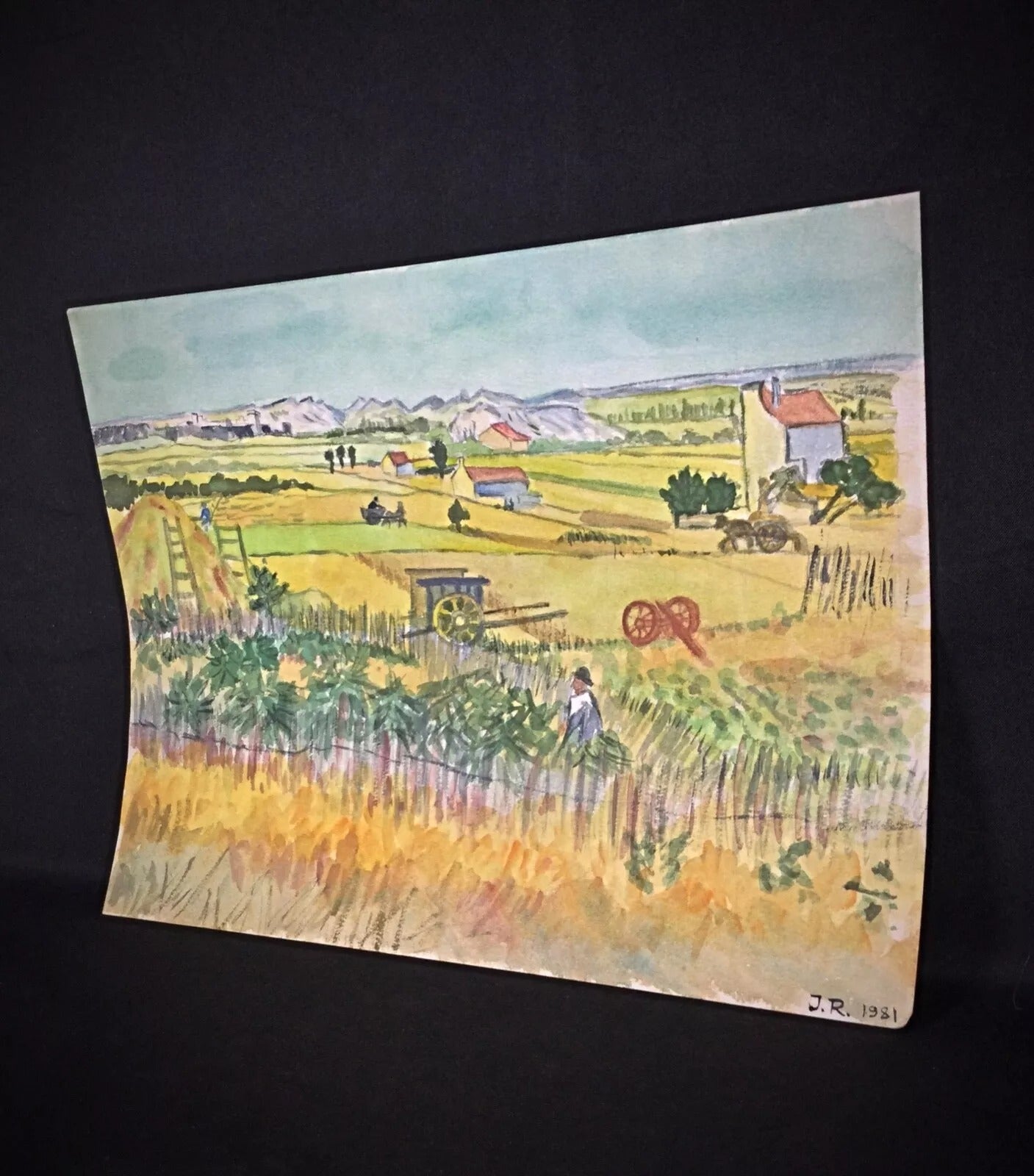Serene landscape watercolor painting with open fields

