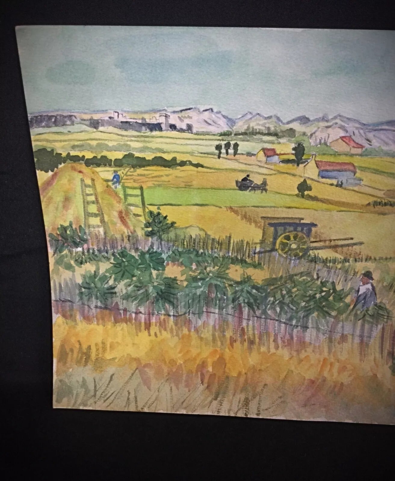 Watercolor painting on paper featuring vast open fields

