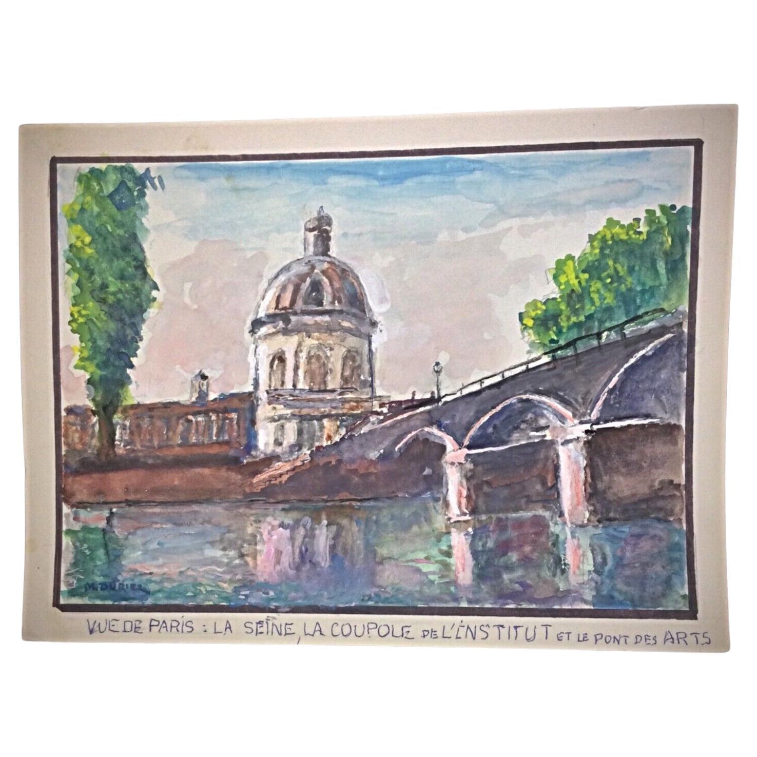 1980s watercolor by M. Duriez titled La Seine la Coupole and Pont des Arts full view

