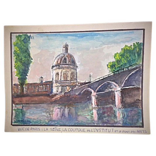 1980s watercolor by M. Duriez titled La Seine la Coupole and Pont des Arts full view

