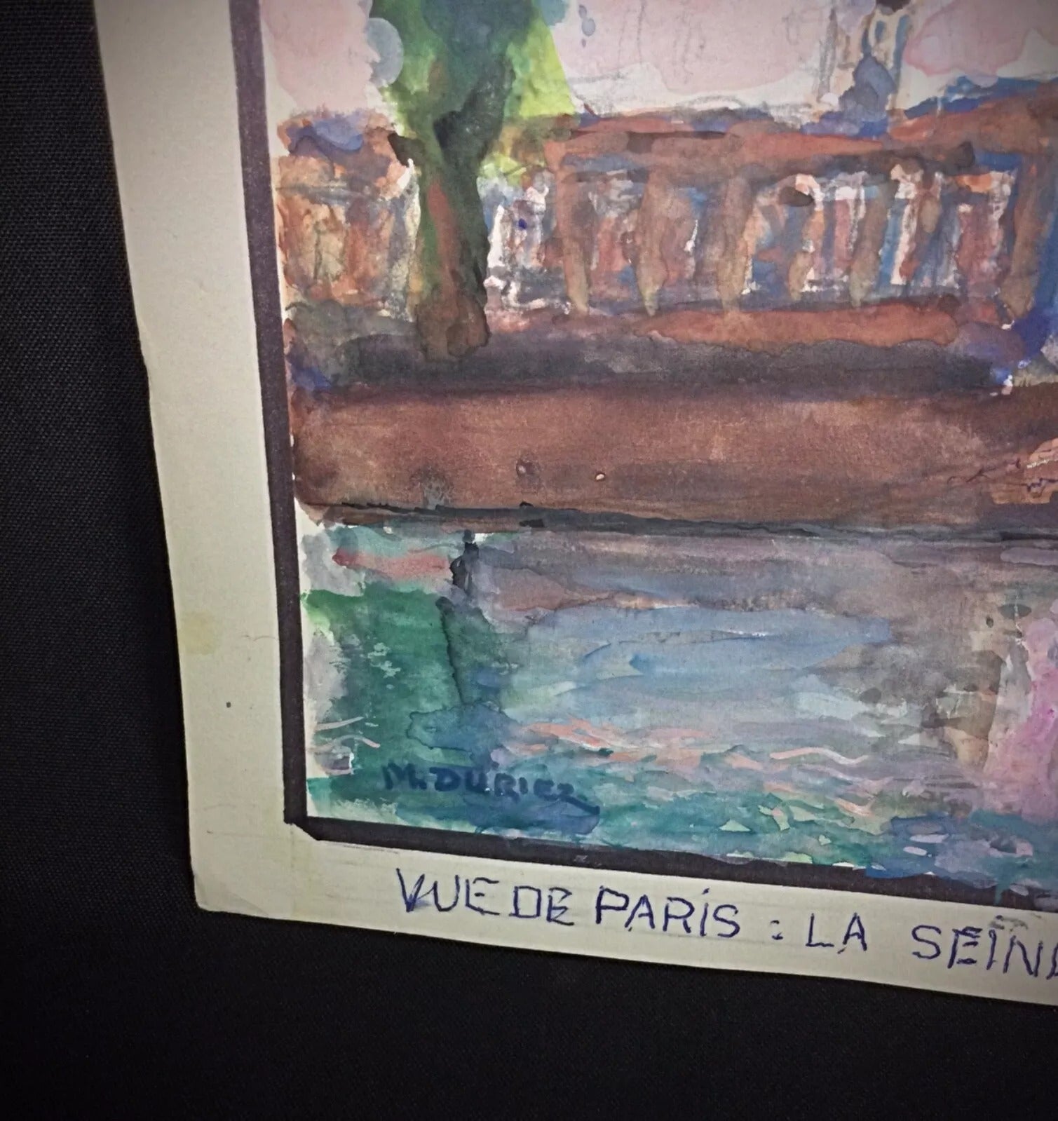 Vintage Parisian landscape painting capturing iconic beauty of Seine riverbanks and bridges on paper

