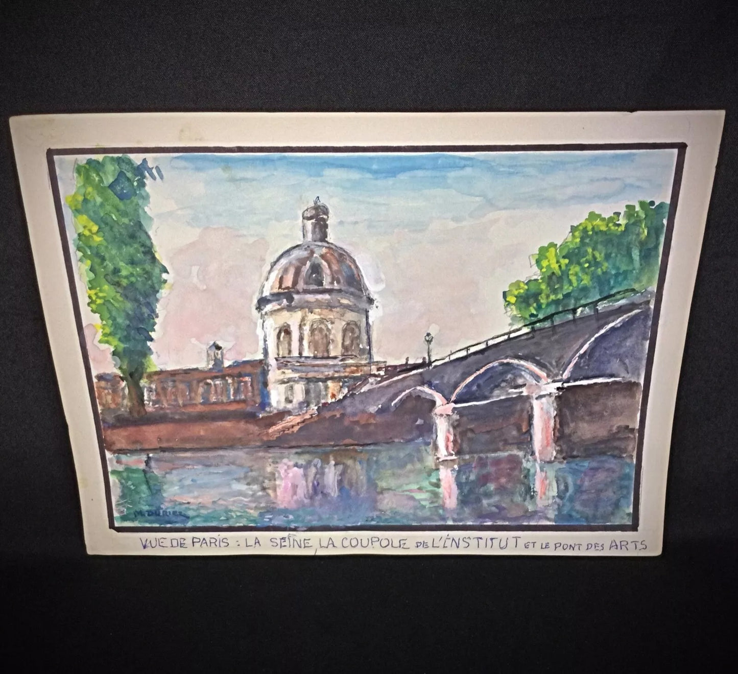 Hand-painted watercolor circa 1980s by artist M. Duriez with classic Parisian color palette

