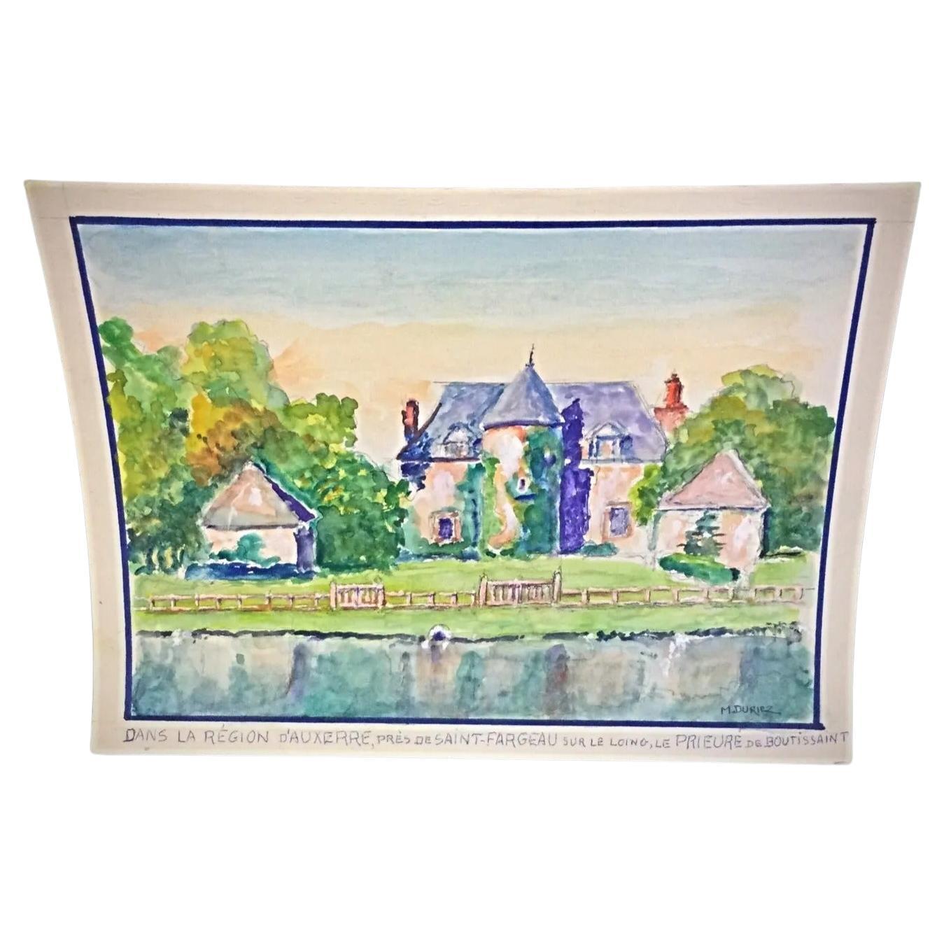 1980s watercolor by M. Duriez titled In the Auxerre Region full view of French countryside landscape

