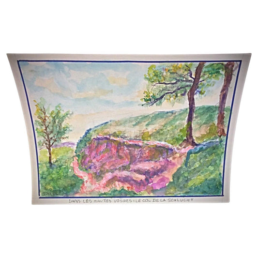 1980s watercolor by M. Duriez titled In the High Vosges Le Col Schlucht full view of French mountain landscape

