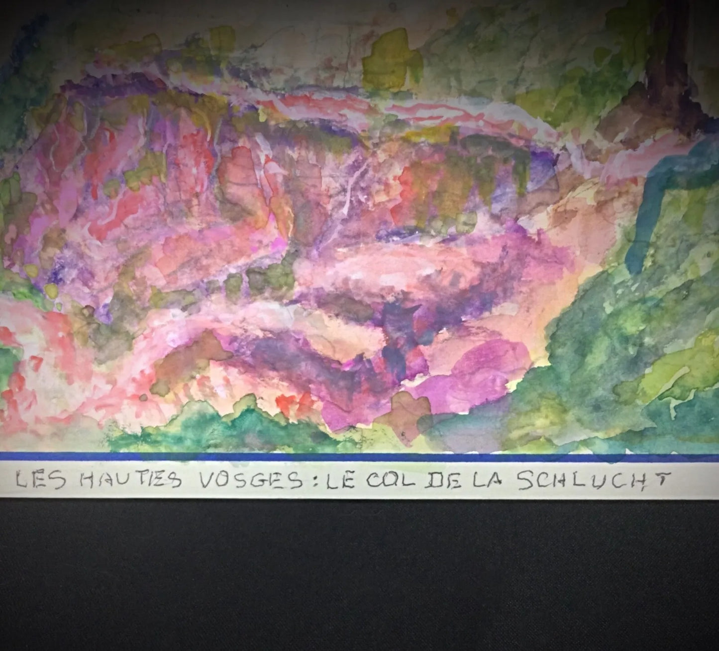 Vintage French landscape painting capturing majestic beauty of Vosges mountains with delicate brushstrokes on paper

