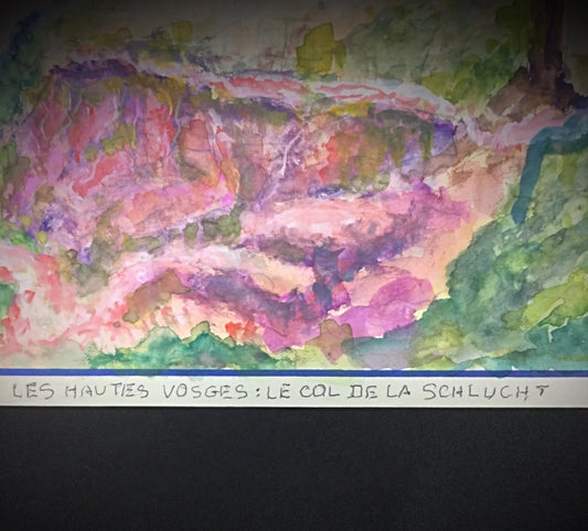 Vintage French landscape painting capturing majestic beauty of Vosges mountains with delicate brushstrokes on paper

