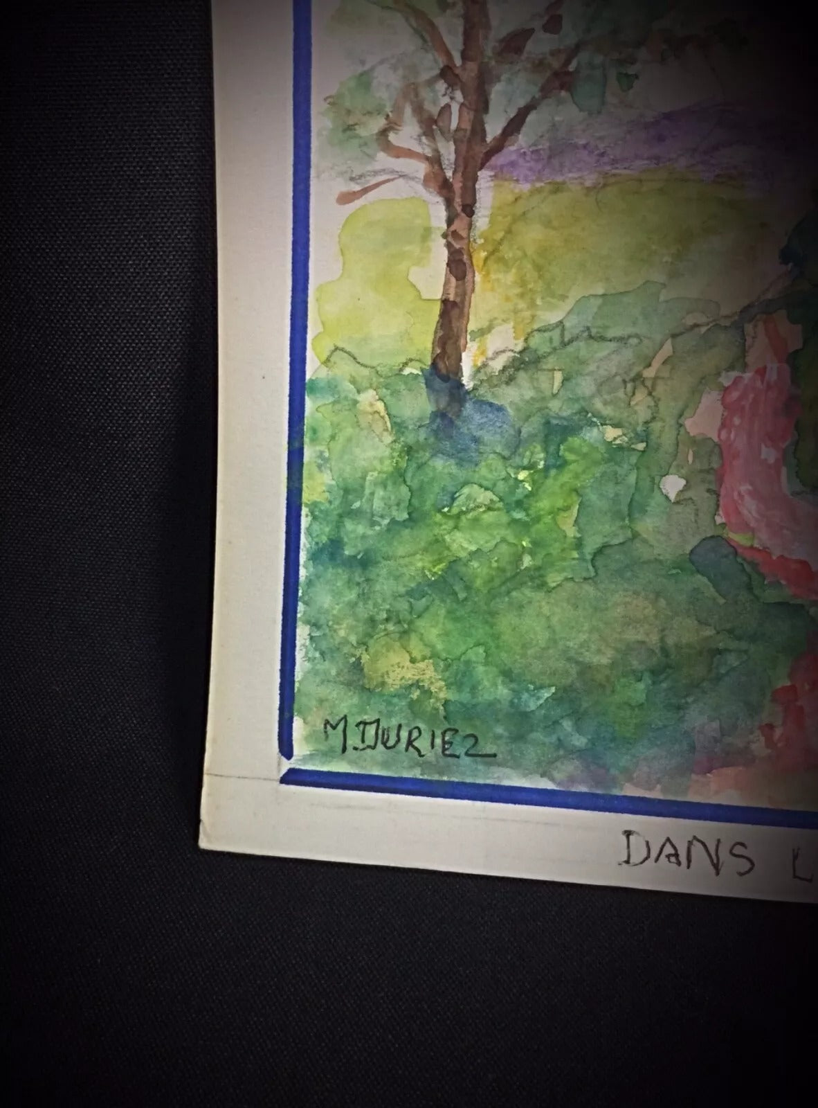 Hand-painted watercolor circa 1980s by artist M. Duriez with soft mountain landscape palette

