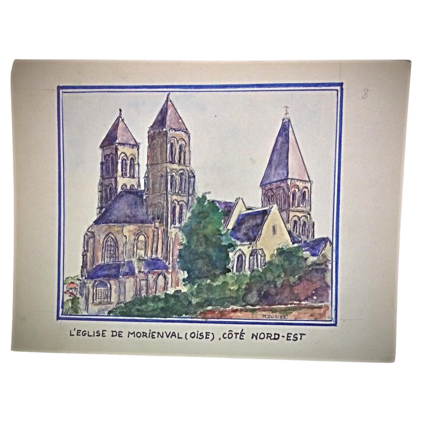 1980s watercolor by M. Duriez titled The Church of Morienval Oise full view of French architectural landscape

