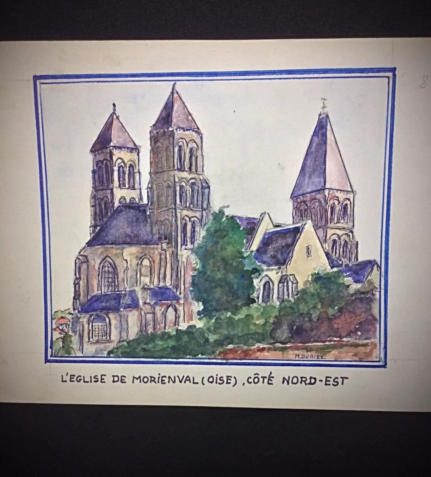 Vintage French painting capturing timeless beauty of Morienval church in Oise region with soft colors on paper

