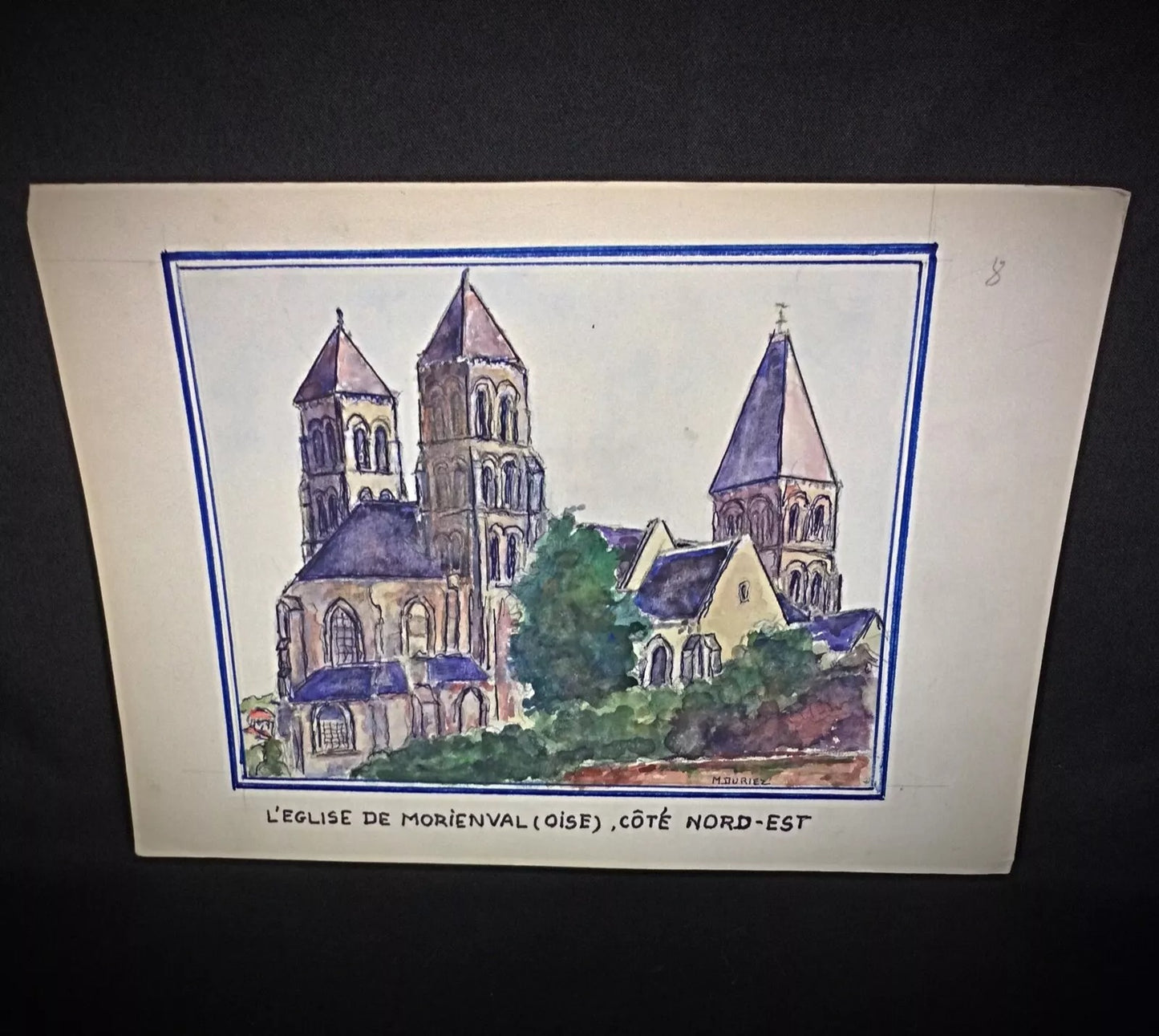 Close-up of signed watercolor by M. Duriez showcasing skilled brushwork of serene countryside architecture

