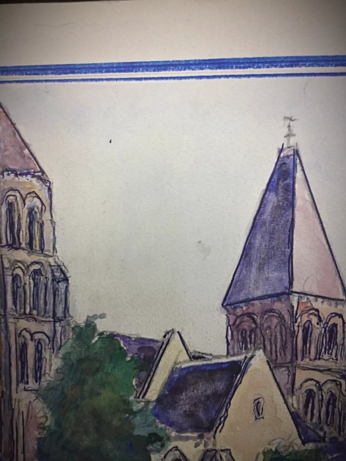 Hand-painted watercolor circa 1980s by artist M. Duriez with soft French architectural palette

