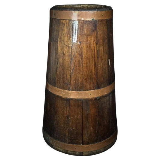 Antique wooden butter churn late 19th early 20th century with copper bands full front view

