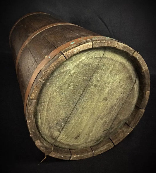 Vintage French farmhouse butter churn in wood and copper 19.7 inches tall ideal for rustic décor on display

