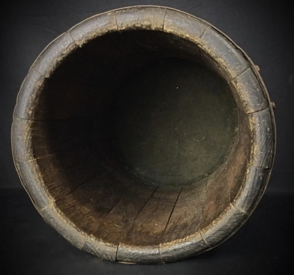 Handcrafted wooden churn circa late 1800s to early 1900s with copper bands from France

