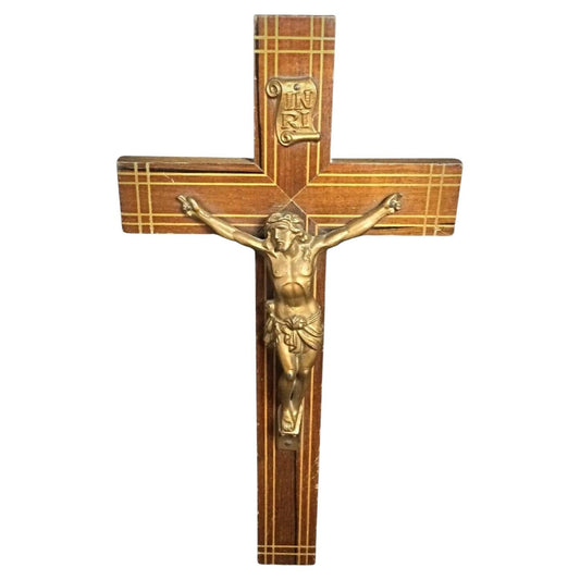 Late 20th century wooden crucifix with spelter corpus full front view 11.8 inches tall

