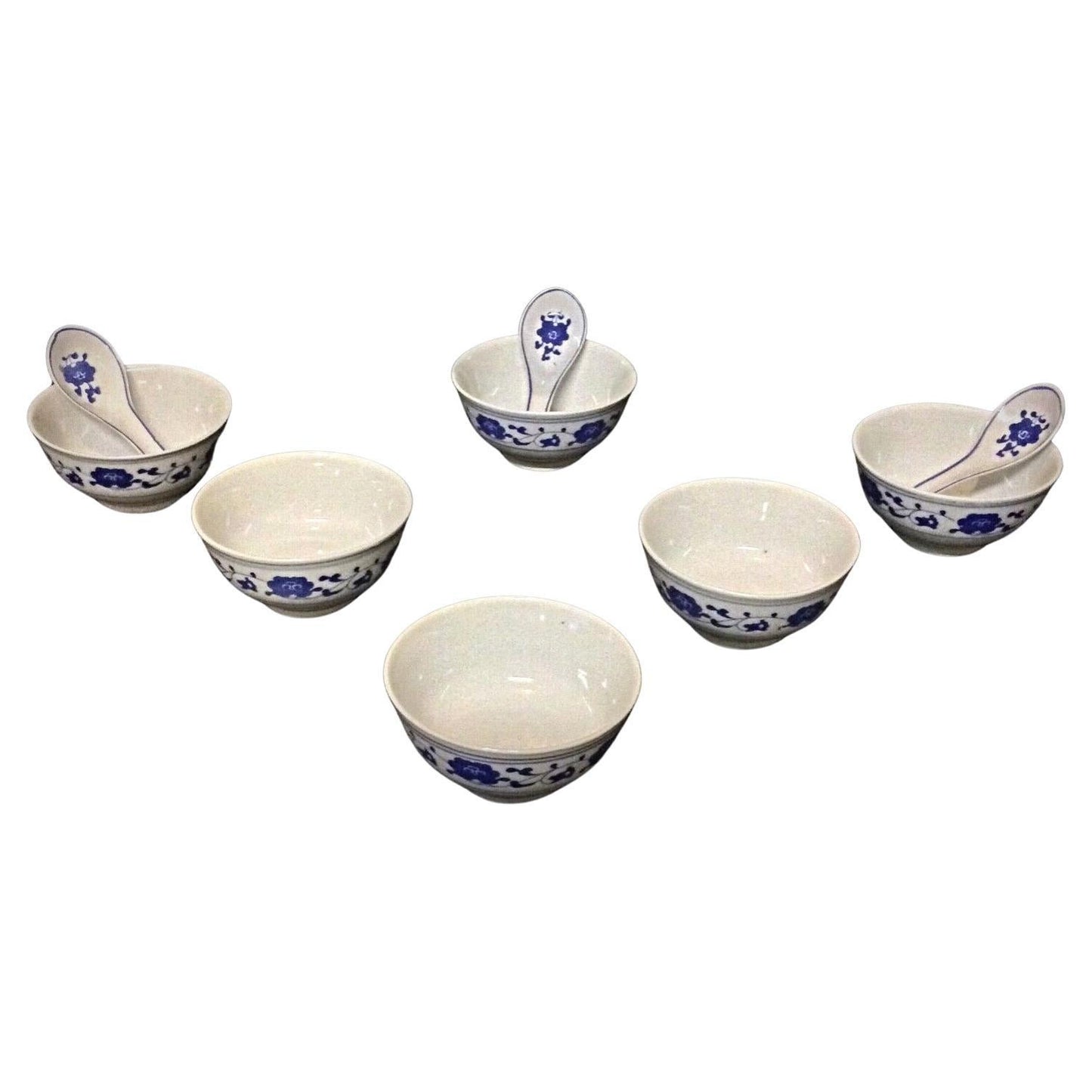 Set of 6 Chinese porcelain rice bowls with 3 matching spoons
