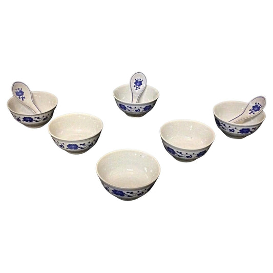 Set of 6 Chinese porcelain rice bowls with 3 matching spoons
