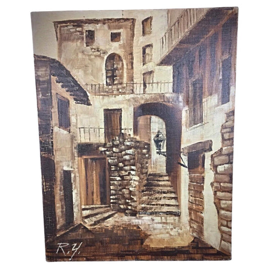 Oil painting signed R.Y depicting city alleyway
