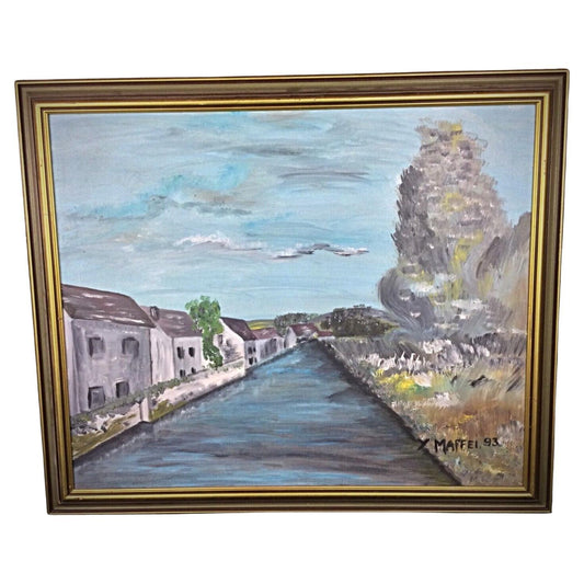 Oil painting by Y. Maffei – small town by riverside
