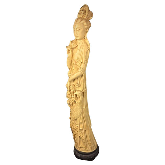 Large Asian woman statuette with peacock
