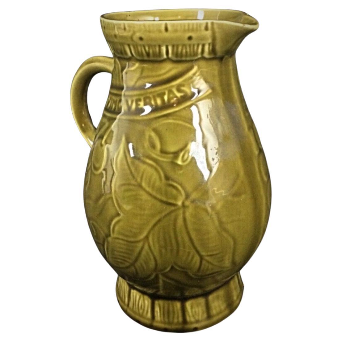 Vintage Sarreguemines Pitcher with Grape and Vine Flower Design
