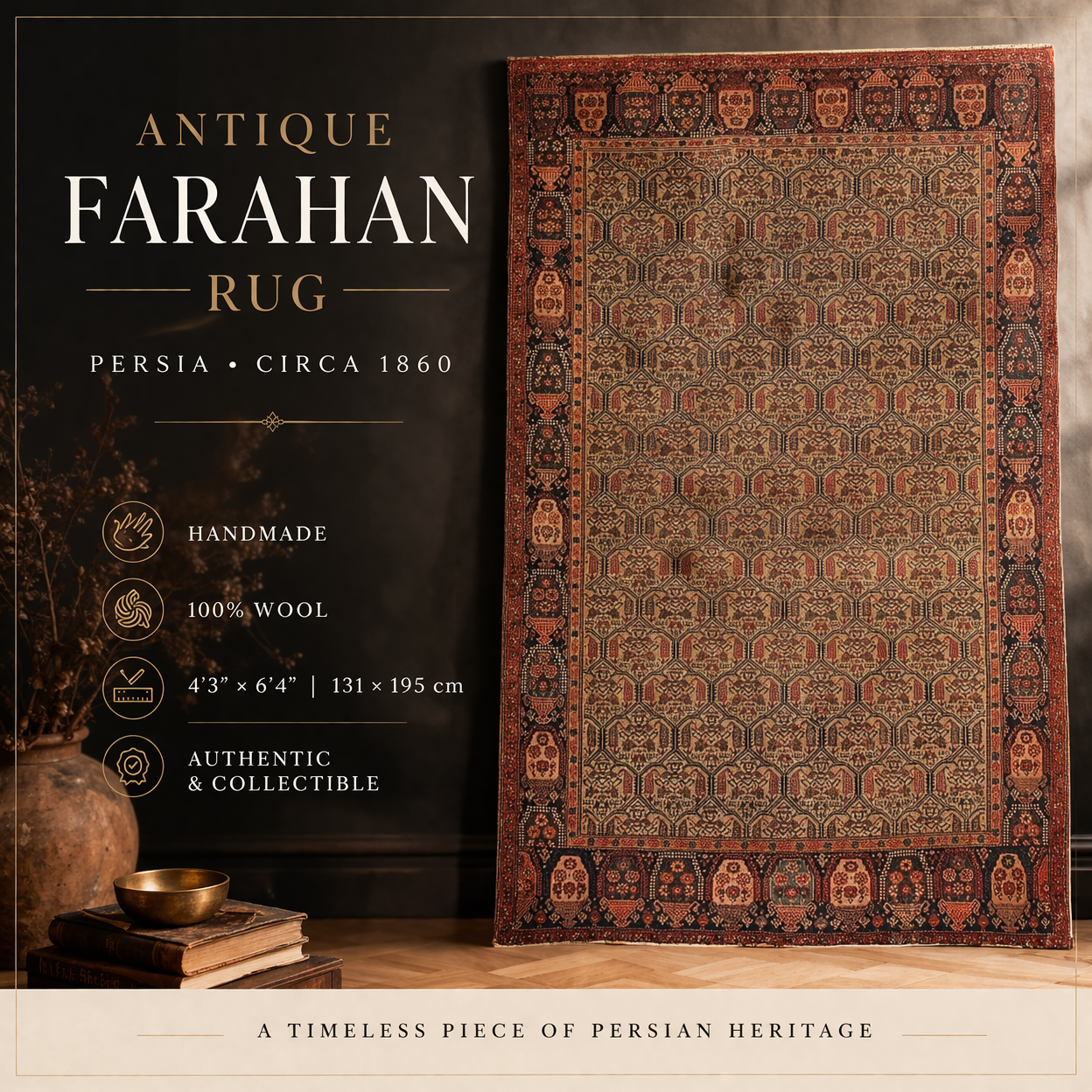 Tapis persan Farahan antique fait main 131 x 195 cm (4,3' x 6,4') années 1860 1B106