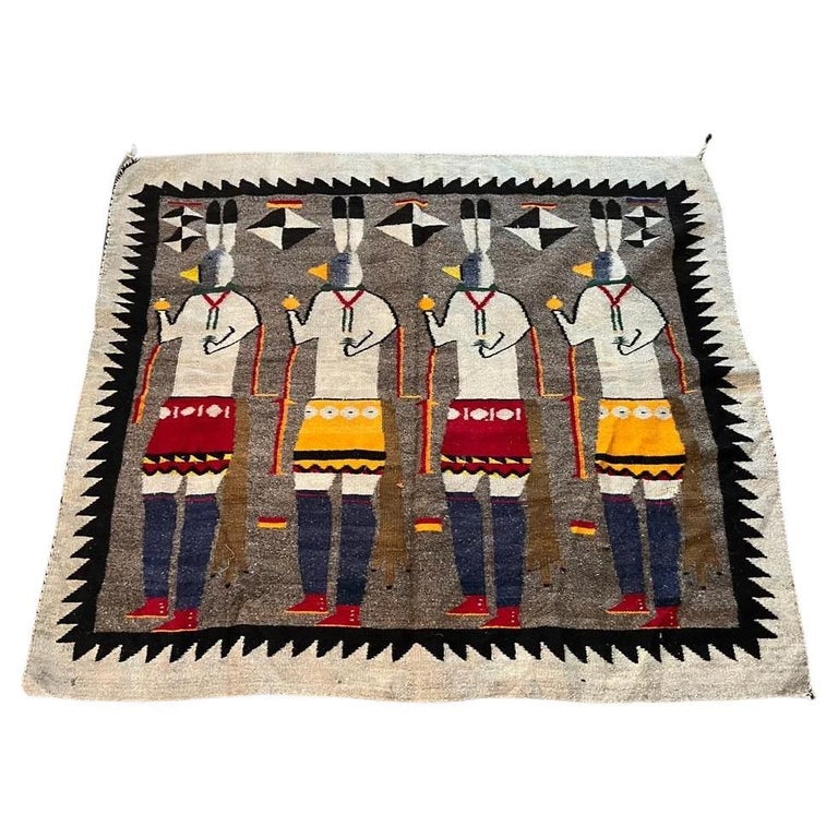 Handmade Antique Native American Navajo Yei Rug 4.2' x 4.8' (128cm x 146cm), 1920s - 2B16