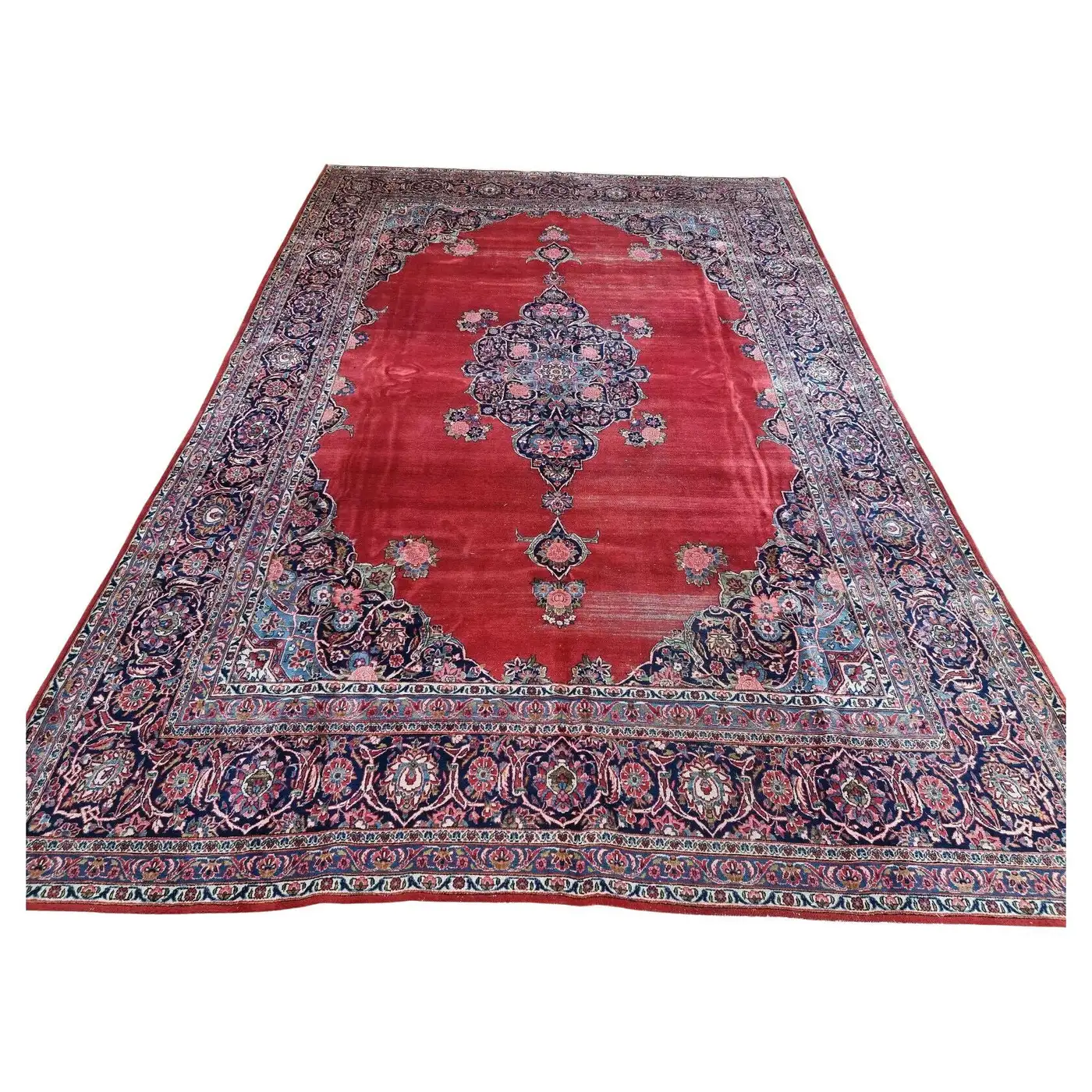 Handmade Antique Persian Kashan Distressed Rug - Front View - 8.5' x 12.9' - 1920s