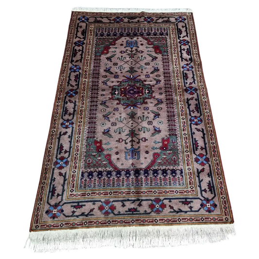 Handmade Vintage Caucasian Shirvan Rug - 1960s - Complex pattern with red, blue, and beige colors.