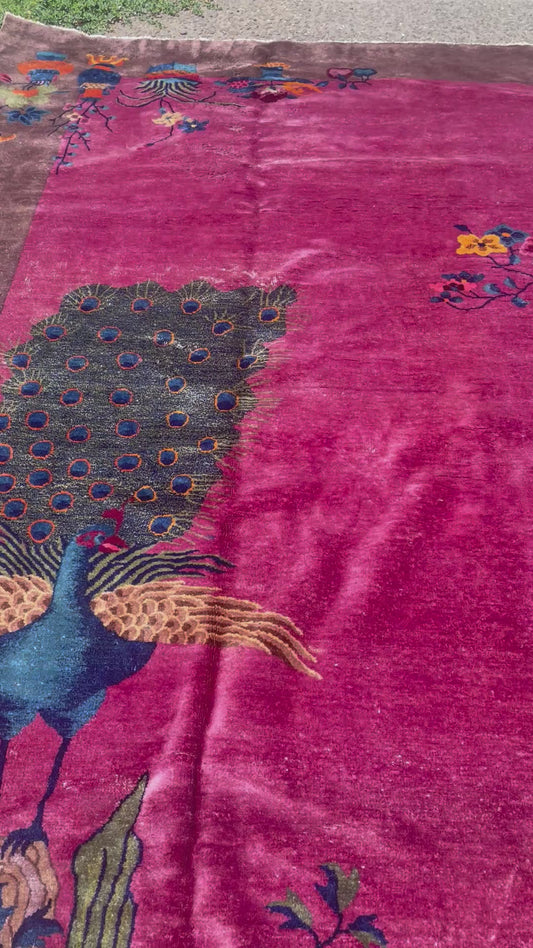 Tapis chinois Art Déco ancien fait main 277cm x 356cm (9.1' x 11.7') années 1920 - 1B885