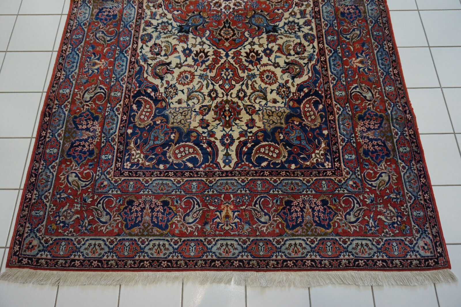 Close-up of the elaborate floral design on the Handmade Antique Persian Style Isfahan Rug